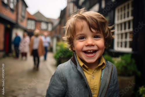 Portrait of a smiling little boy on the street of the old town