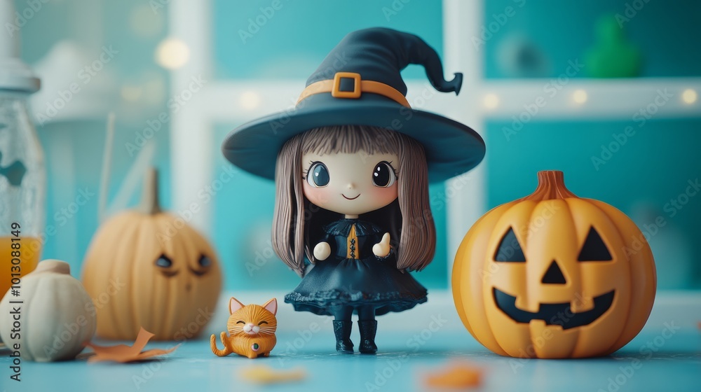 Cute Halloween toy witch, pumpkin, and cat, blue background featuring clear windows and a spooky charm Cute Halloween toy witch, pumpkin, and cat, blue background featuring clear windows and a spooky charm