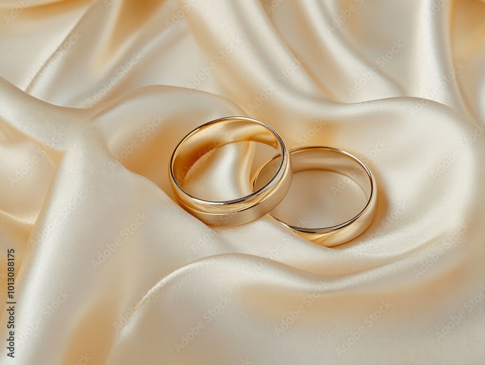 2408 106.Two elegant gold wedding bands resting gently on a luxurious satin fabric, the soft folds of the material creating a sense of flowing movement. The fabric's subtle sheen enhances the rich 2408 106.Two elegant gold wedding bands resting gently on a luxurious satin fabric, the soft folds of the material creating a sense of flowing movement. The fabric's subtle sheen enhances the rich