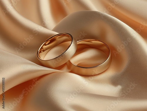 2408 106.Two elegant gold wedding bands resting gently on a luxurious satin fabric, the soft folds of the material creating a sense of flowing movement. The fabric's subtle sheen enhances the rich photo