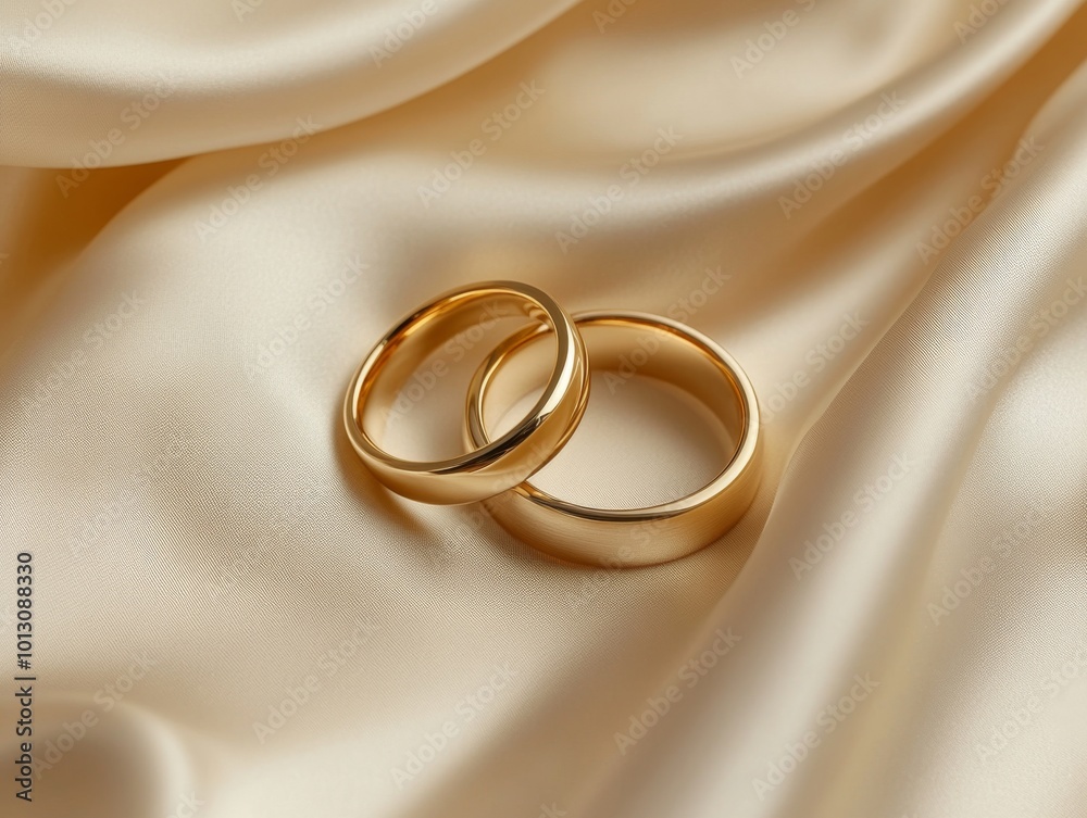 2408 109.A pair of classic gold wedding bands arranged on a silky satin fabric, the soft pleats providing depth and texture. The delicate interplay of light and shadow on the fabric enhances the 2408 109.A pair of classic gold wedding bands arranged on a silky satin fabric, the soft pleats providing depth and texture. The delicate interplay of light and shadow on the fabric enhances the