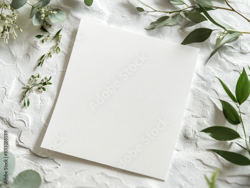 2408 115.A blank white wedding invitation card resting on a textured surface, with finely detailed botanical elements placed around the edges. The greenery offers a chic, modern contrast to the