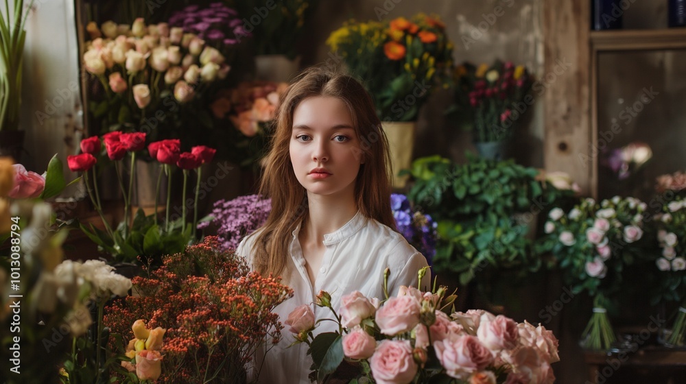 young beautiful woman florist, florist shop young beautiful woman florist, florist shop