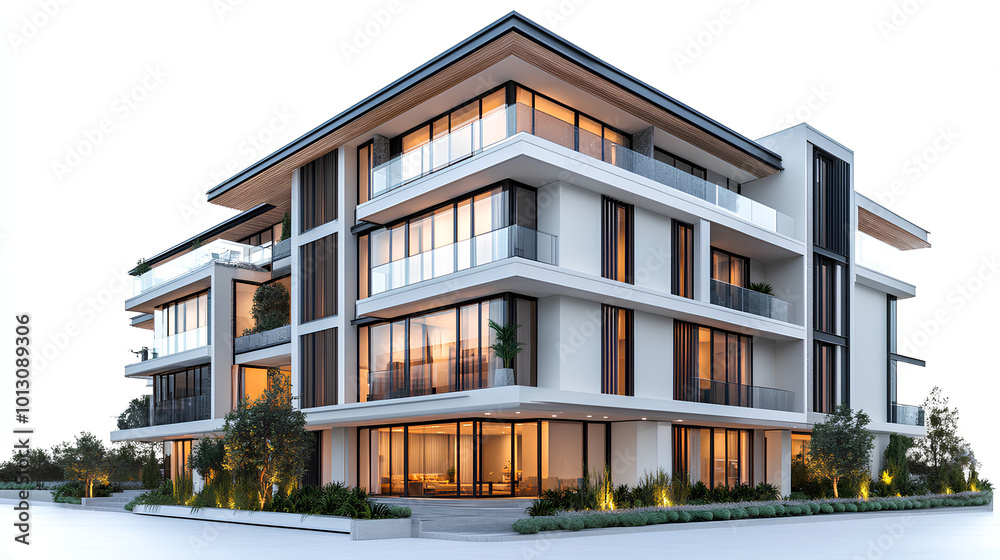 Front view of a luxury apartment exterior design isolated on a white background Front view of a luxury apartment exterior design isolated on a white background