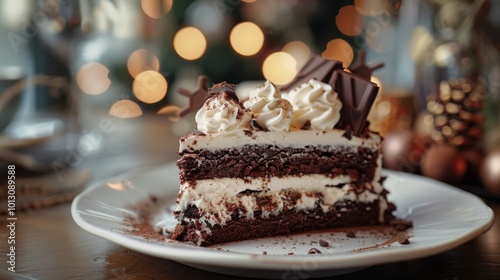 Delicious chocolate cake slice with whipped cream and festive decorations, perfect for celebrations or special occasions.