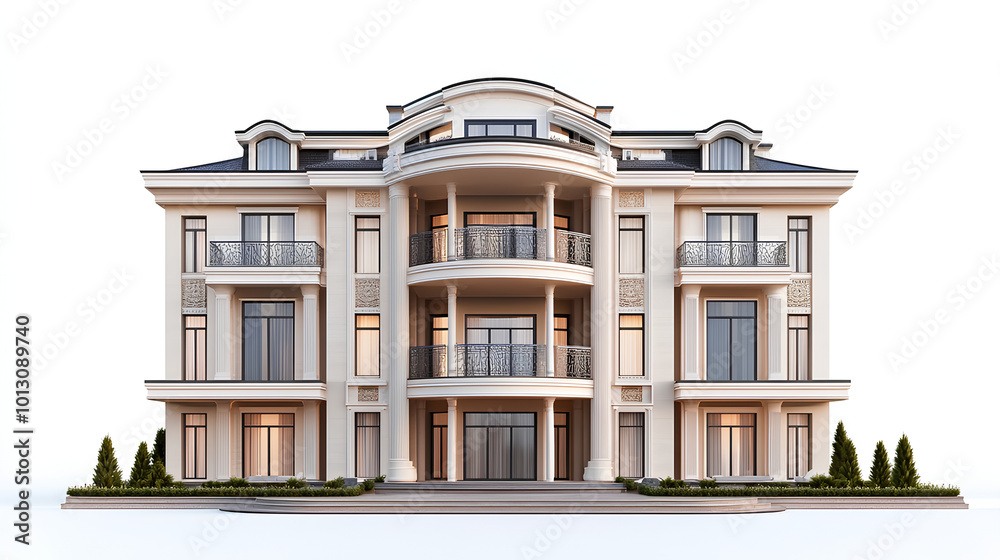 Fototapeta premium Front view of a luxury apartment exterior design isolated on a white background