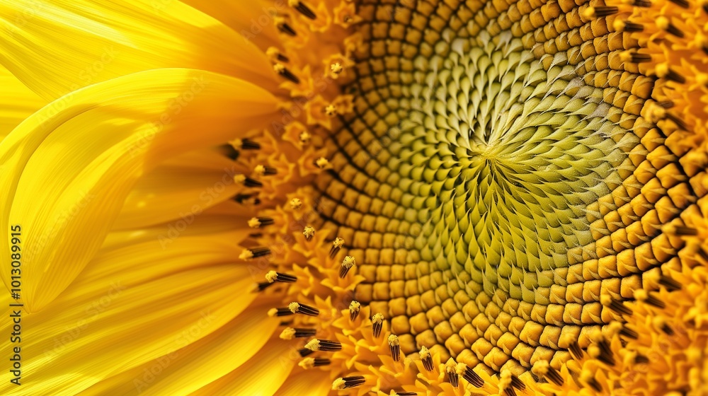close-up of a sunflower head, revealing the Fibonacci sequence evident close-up of a sunflower head, revealing the Fibonacci sequence evident