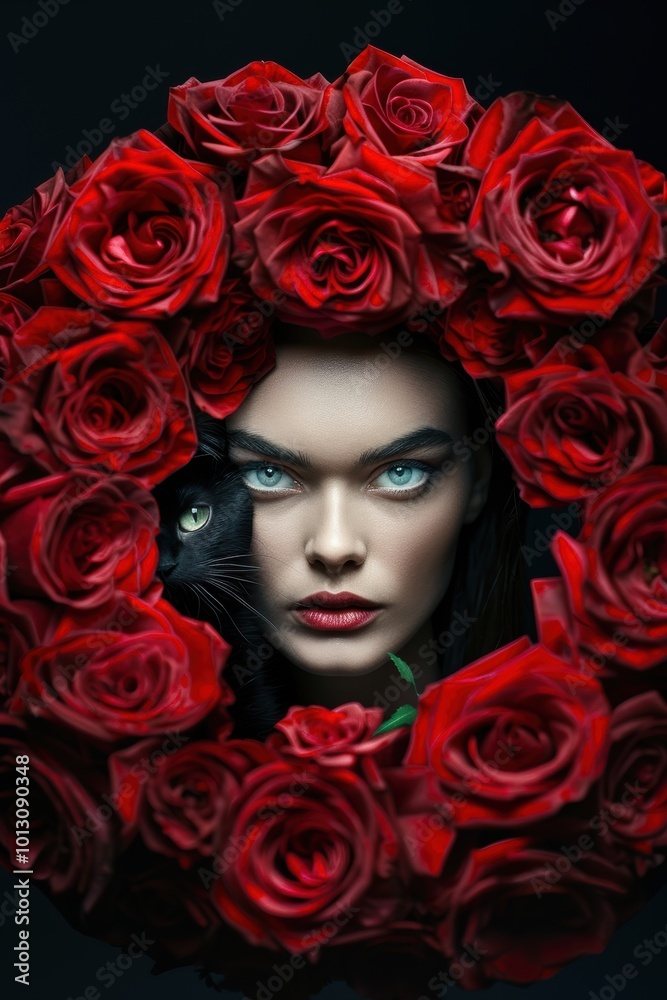 a red rose wreath with the adorable face and eyes of a black cat peeking out, set against a solid black background. a red rose wreath with the adorable face and eyes of a black cat peeking out, set against a solid black background.