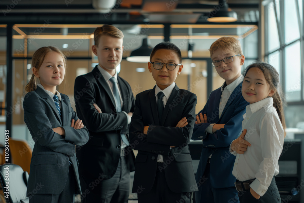 A group of children dressed in business attire standing confidently in an office setting. Their serious expressions and professional appearance emphasize ambition and leadership. A group of children dressed in business attire standing confidently in an office setting. Their serious expressions and professional appearance emphasize ambition and leadership.