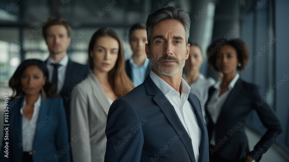 An authoritative business leader stands with team in sleek office setting, ready to drive company forward, essence of experienced, emphasizing readiness for modern business challenges. An authoritative business leader stands with team in sleek office setting, ready to drive company forward, essence of experienced, emphasizing readiness for modern business challenges.