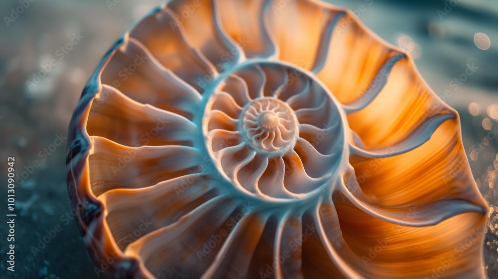 close-up view of a seashell, revealing the golden ratio and Fibonacci numbers present in its shape