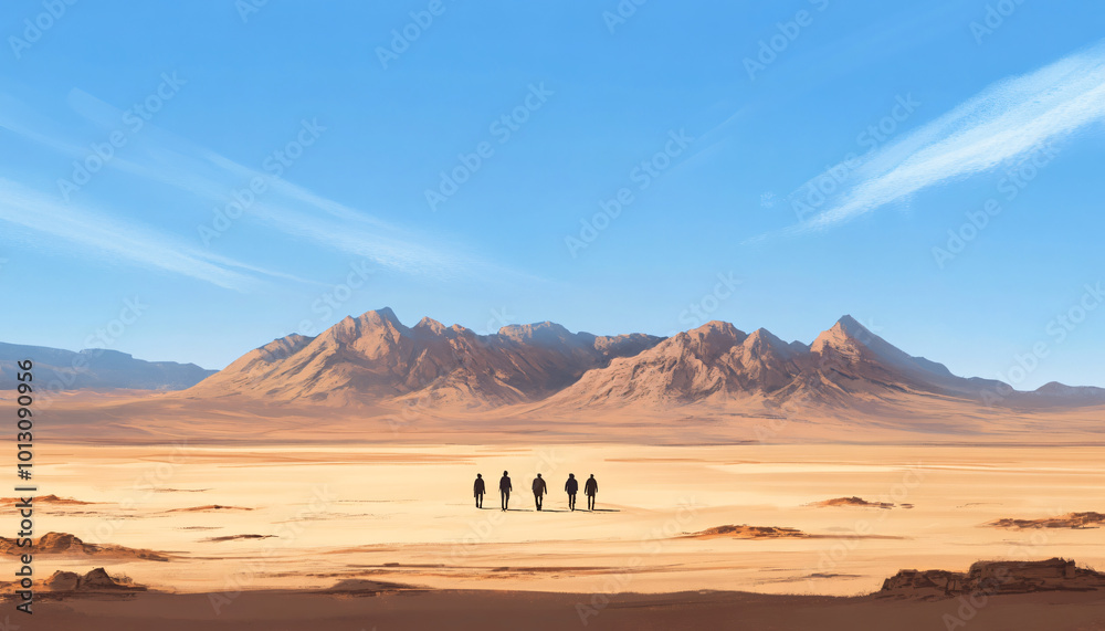 Fototapeta premium Capture people walking across a barren desert landscape, emphasizing isolation and the vastness of their surroundings