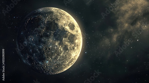 Detailed view of the moon with stars in space. Astronomy and night sky concept.