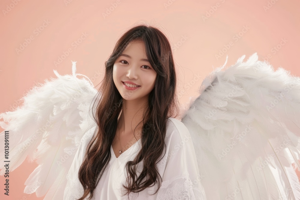 A lovely young Asian lady dressed as an angel, complete with white feathered wings, stands in front of a soft, pastel backdrop. Her genuine smile create a sense of peace and elegance, A lovely young Asian lady dressed as an angel, complete with white feathered wings, stands in front of a soft, pastel backdrop. Her genuine smile create a sense of peace and elegance,