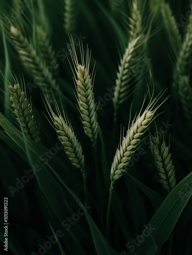 Close-up of Wheat Stalks in a Green Field