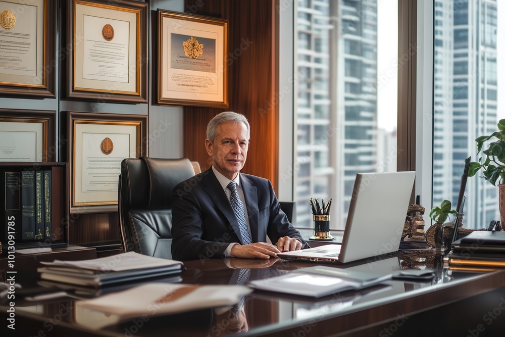 A lawyer attentively consults with a client in a sophisticated office filled with legal documents and awards while discussing case details. Generative AI A lawyer attentively consults with a client in a sophisticated office filled with legal documents and awards while discussing case details. Generative AI
