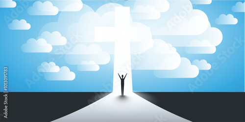 Christian Cross Symbol with Sun Rays, Clouds, Standing Man - Sign of Crucifix, Easter, Purity, Faith, Baptism, Holy Spirit, Evangelization and Resurrection - Blue Background with Bright Rays of Light