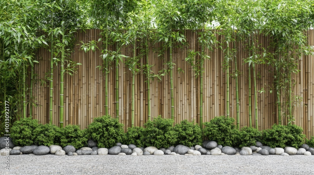Fototapeta premium A minimalist bamboo tree fence with vertical branches creating a sleek and natural barrier for outdoor spaces. Realistic, highly detailed