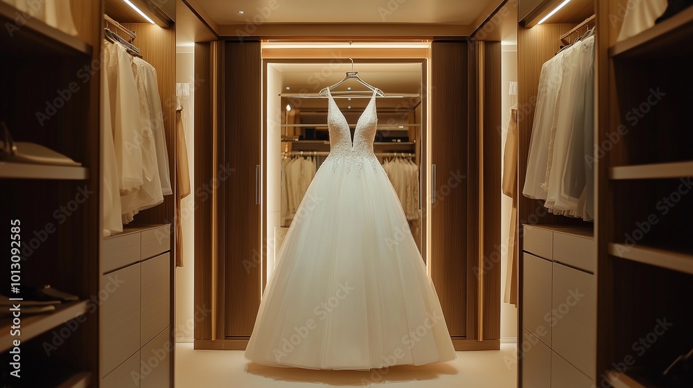 white wedding dress hanging elegantly in a walk-in closet white wedding dress hanging elegantly in a walk-in closet