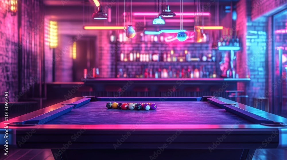 A modern billiards table in a trendy bar, bathed in colorful neon lights with drinks in the background. Realistic, highly detailed A modern billiards table in a trendy bar, bathed in colorful neon lights with drinks in the background. Realistic, highly detailed