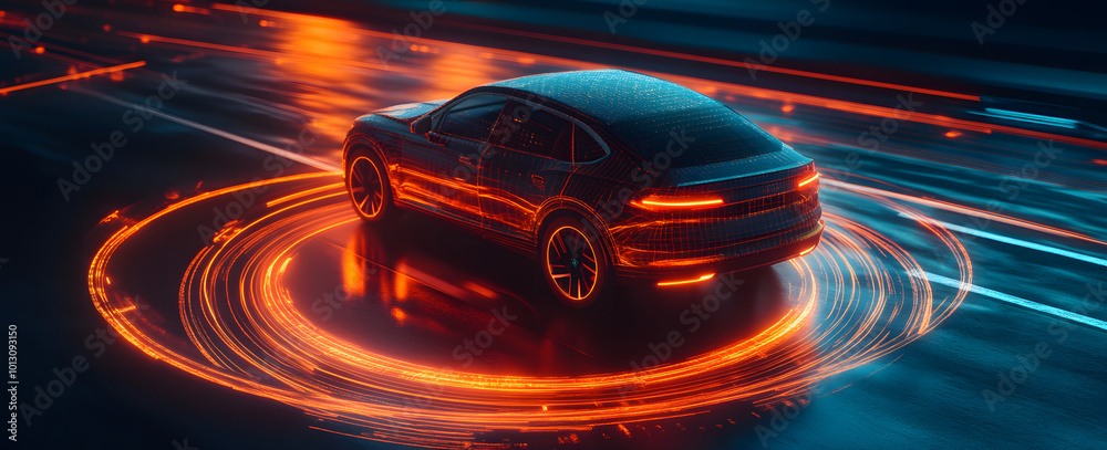 custom made wallpaper toronto digitalAutonomous vehicle technology and smart mobility concept with a car and dynamic light trails on a digital city road showcasing futuristic transportation and connectivity design