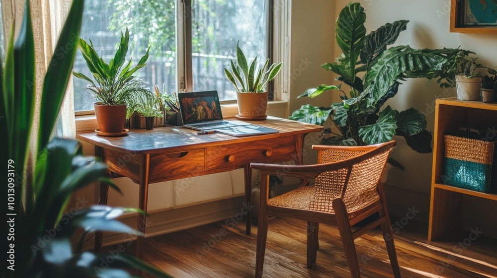 Fototapeta premium A modern home office showcasing a wooden desk with stylish decorative elements, a comfortable chair, and vibrant potted plants, all in a sunlit space.