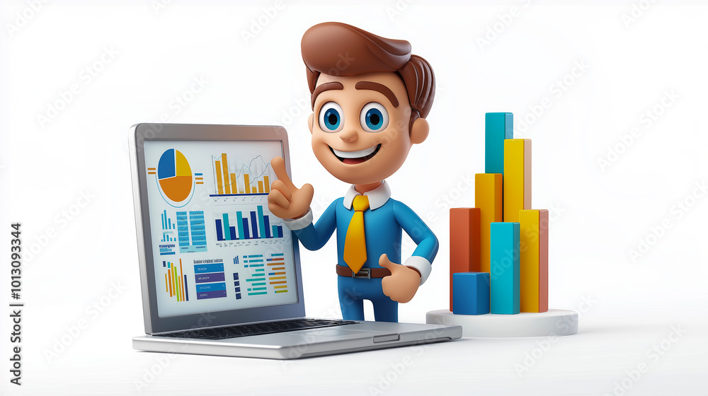 3D cartoon illustration of a businessman showing charts on a laptop screen. Financial advisor concept 3D cartoon illustration of a businessman showing charts on a laptop screen. Financial advisor concept