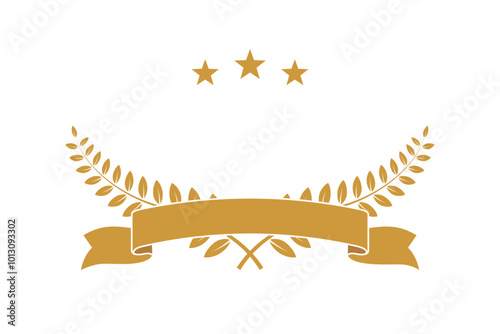 Gold award laurel wreath with ribbon, stars and empty place for name of winner. Champion reward vector illustration. Prize for awarding ceremony or best player. Quality certified icon.