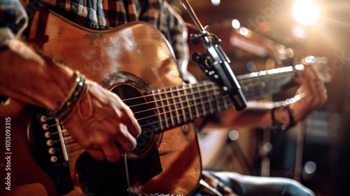 Close-Up of a Musician's Hand Playing an Acoustic Guitar