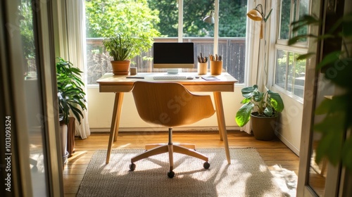 A modern home office with minimalist design, featuring a wooden desk adorned with decorative items, a comfortable chair, and potted plants, illuminated by natural light.