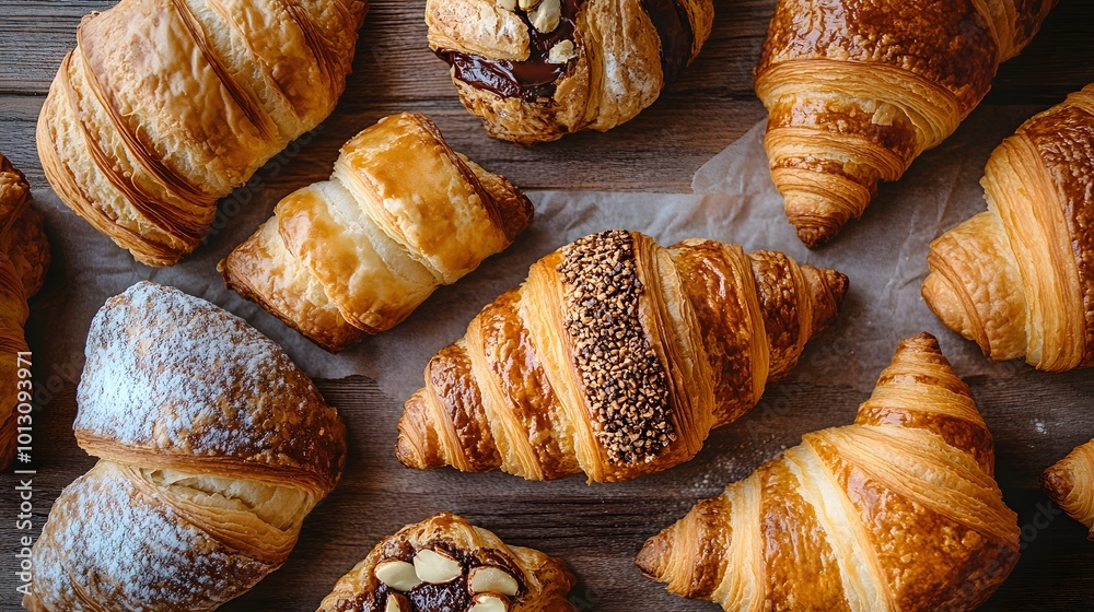 Fototapeta premium croissants arranged in wood table closeup background image 