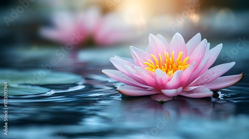 Beautiful pink water lilies blooming in a tranquil pond during early morning light with gentle ripples on the water's surface