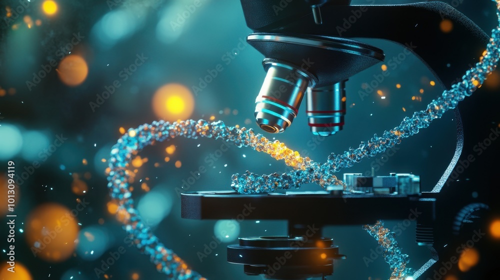 A modern microscope zooms in on a DNA strand, with vibrant details representing the frontier of biotechnology and research. A modern microscope zooms in on a DNA strand, with vibrant details representing the frontier of biotechnology and research.