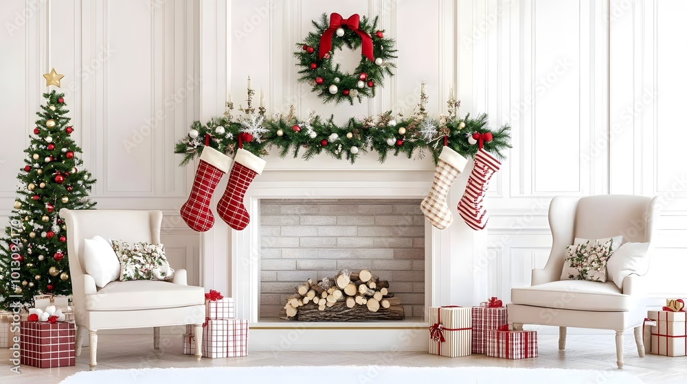 A cozy, festive living room decorated for Christmas, featuring a tree, stockings, a fireplace, and wrapped presents. A cozy, festive living room decorated for Christmas, featuring a tree, stockings, a fireplace, and wrapped presents.