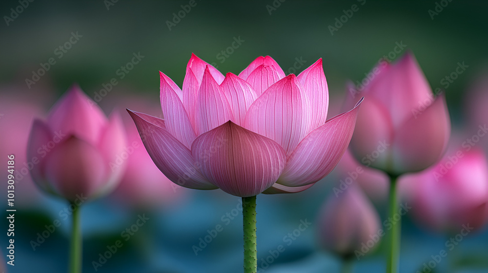 A breathtaking view of blooming pink lotus flowers in a serene pond during the early morning light A breathtaking view of blooming pink lotus flowers in a serene pond during the early morning light