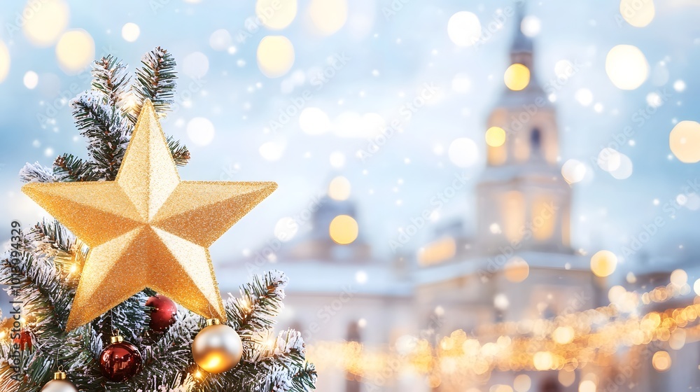 A beautifully decorated Christmas tree with a golden star topper glows against a snowy city backdrop, creating a festive holiday atmosphere.