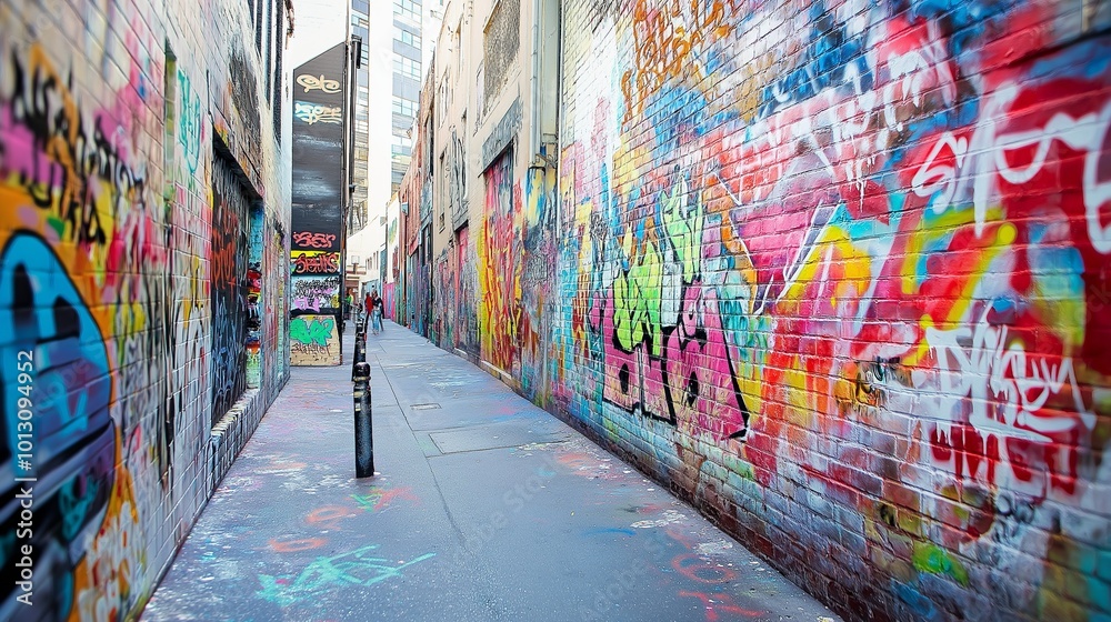 Fototapeta premium dull gray concrete wall covered in colorful graffiti in a busy urban alley