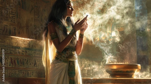 Egyptian woman offering incense in a temple.