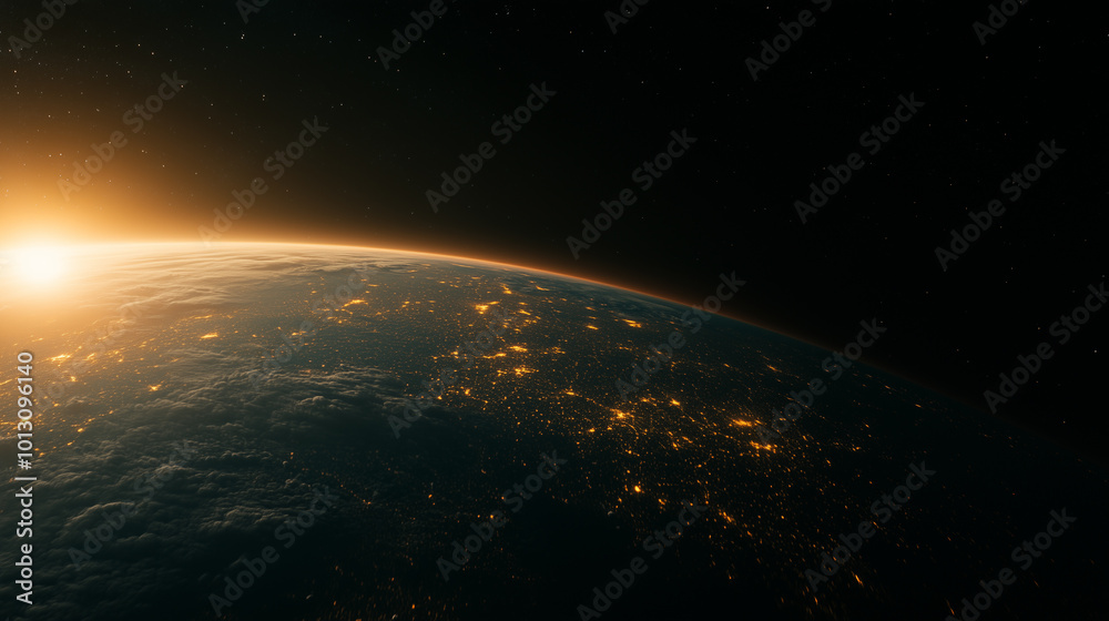 Sunrise Over Earth From Space With City Lights
Sunrise Over Earth From Space With City Lights