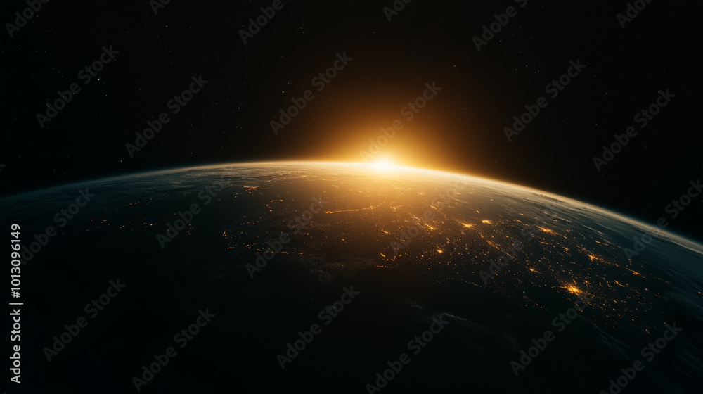 Fototapeta premium Sunrise Over Earth From Space With City Lights