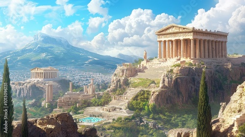 Ancient Greek temple on a mountainside.