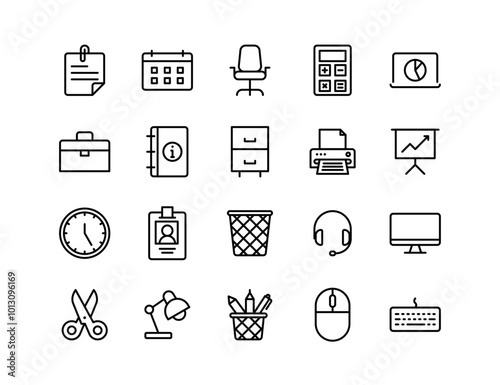 Office Equipment Icon Set: Vector Illustrations of Office Supplies, Desk Tools, Electronics, and Stationery - Perfect for Business, Work, and Productivity Design Projects