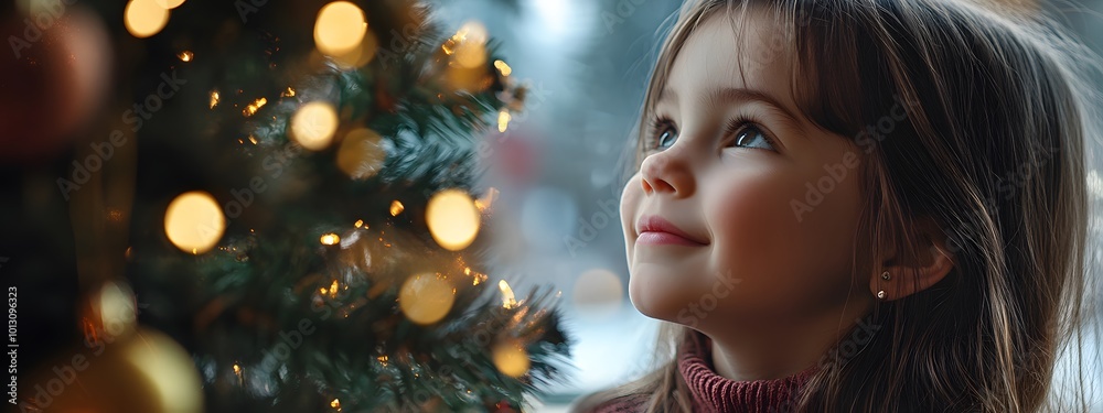 Little girl looking out the window at Christmas, close-up of her face, a Christmas tree with a red ornament hanging on it in the background Little girl looking out the window at Christmas, close-up of her face, a Christmas tree with a red ornament hanging on it in the background
