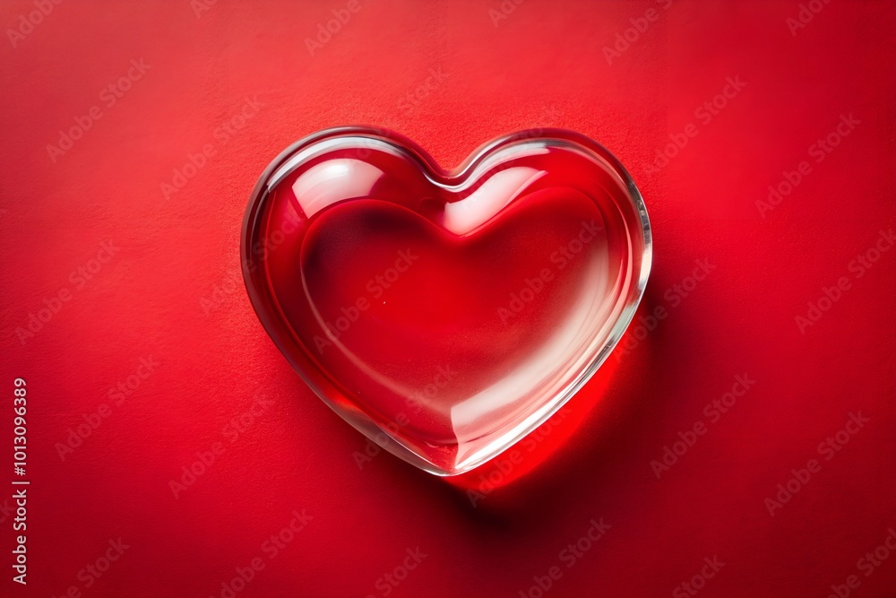 Top Down View of a Glass Heart on a Red Background for Valentine's Day Concepts Top Down View of a Glass Heart on a Red Background for Valentine's Day Concepts