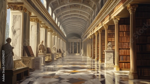 Marble-floored library with ornate columns.