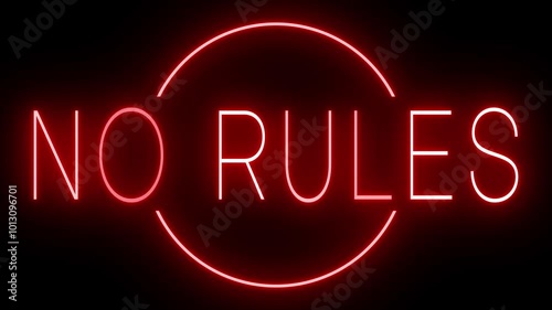 Flickering red retro style neon sign glowing against a black background NO RULES