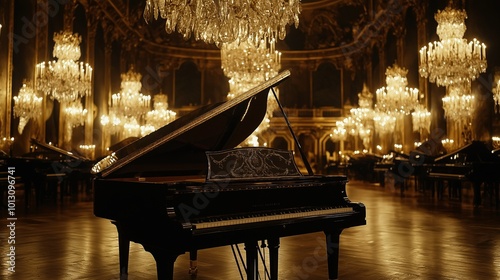 glistening black piano regally in a grand hall photo