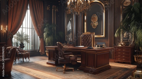 A regal home office with a grand wooden desk and luxurious decor, styled like a royal chamber for professional authority. Realistic, very detailed