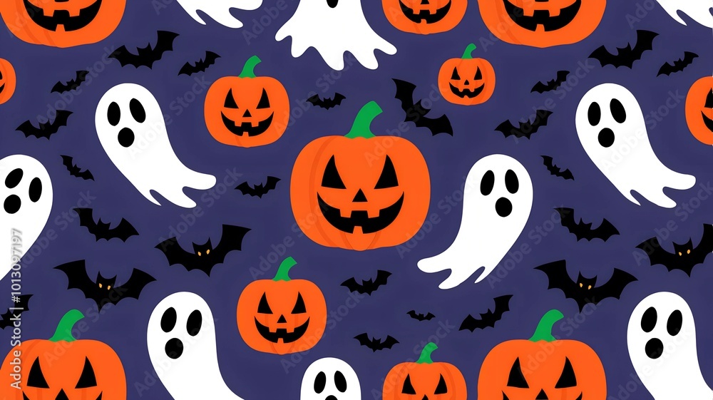 Halloween colorful seamless pattern with jack o lantern pumpkins, ghosts and bats Halloween colorful seamless pattern with jack o lantern pumpkins, ghosts and bats