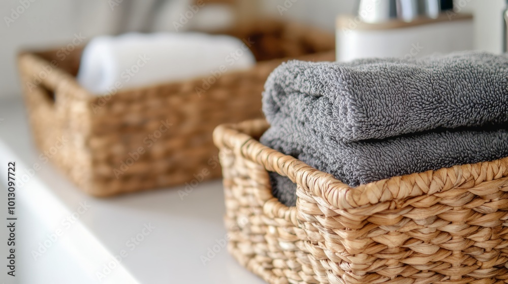 Grey Towels in Wicker Basket. Grey Towels in Wicker Basket.